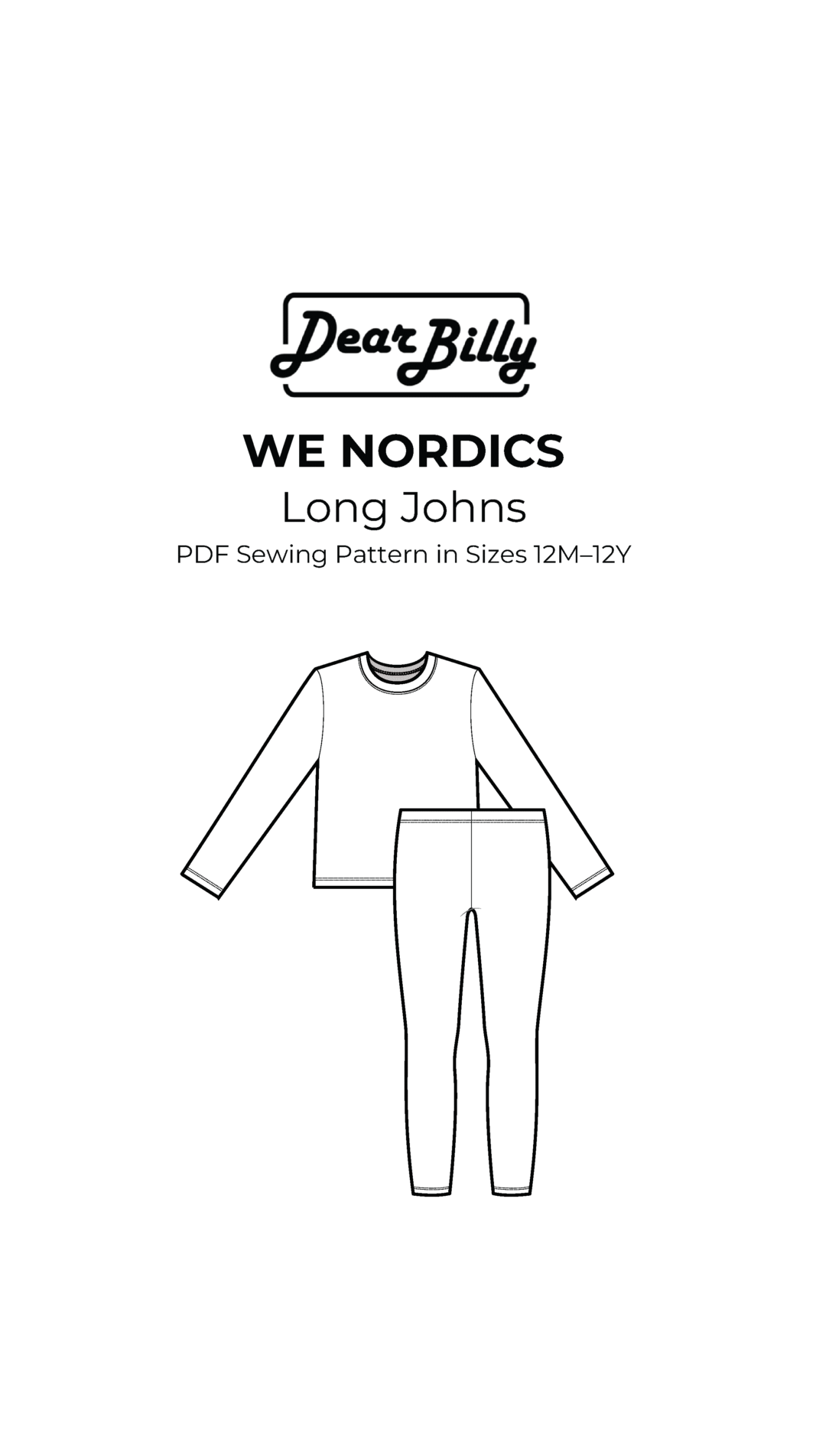 We Nordics Long Johns sewing pattern flat sketch – technical drawing of kids thermal top and bottoms | Dear Billy Patterns