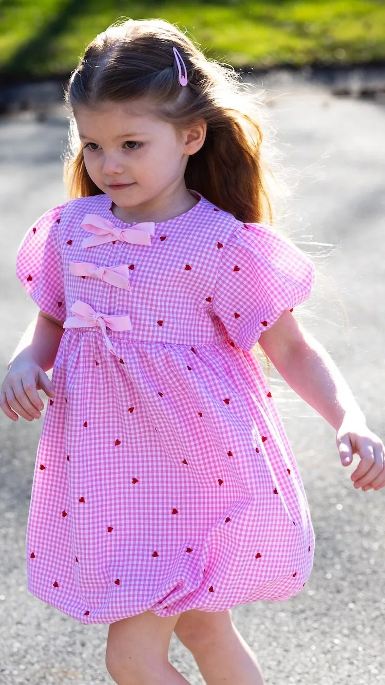 Girls pink gingham dress with timeless silhouette PDF Sewing Pattern