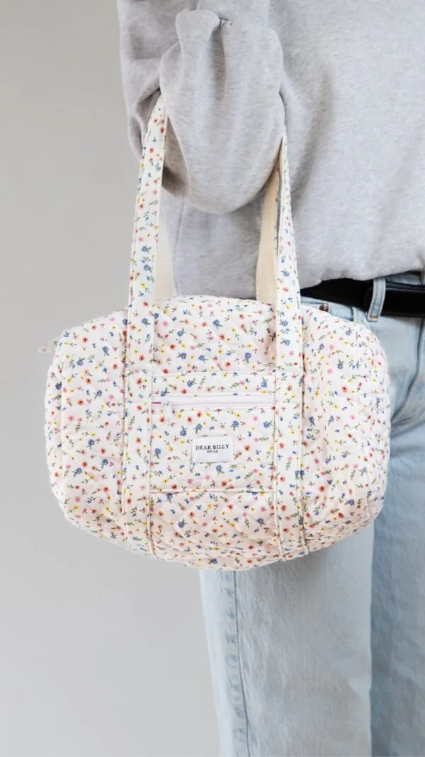 Mini duffel bag sewing pattern shown on body