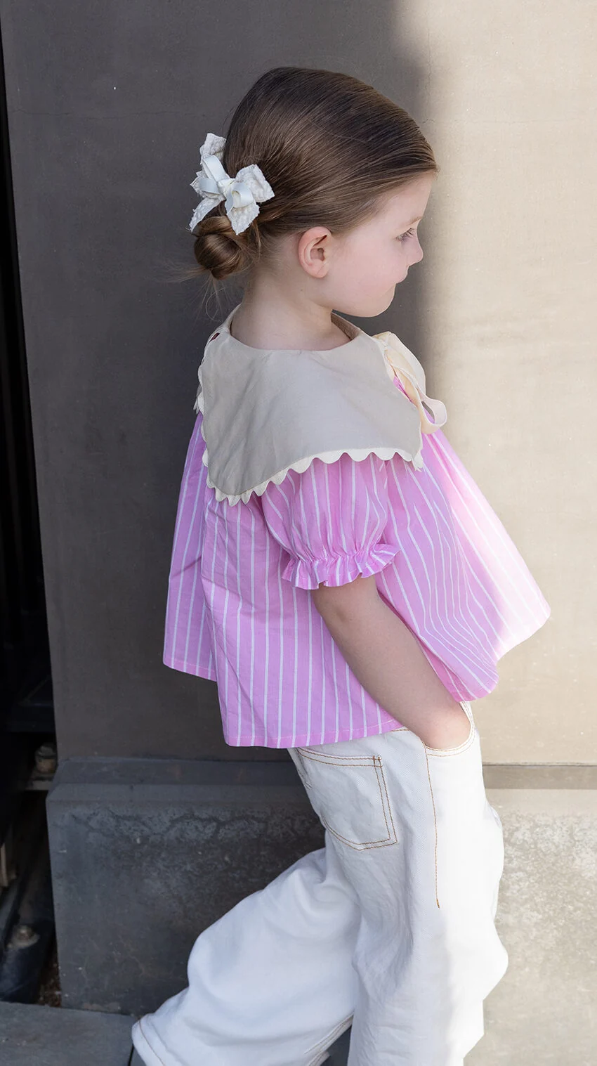 Girls oversized collar blouse sewing pattern with gathered sleeves and relaxed fit, sizes 12M-12Y