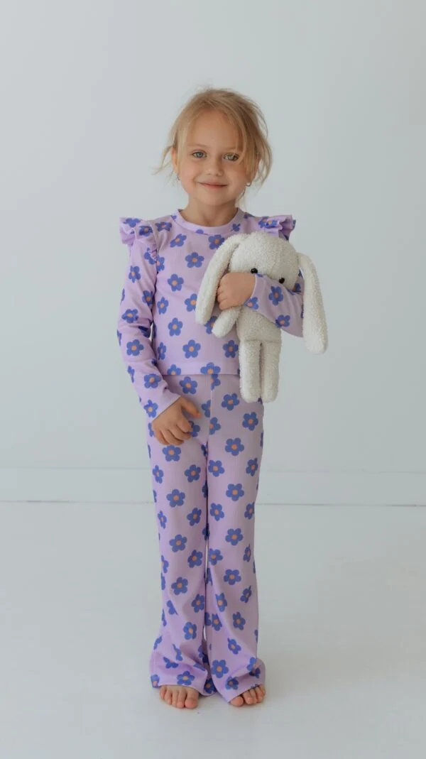 Girls pajama pattern PDF with ruffle sleeve detail and flared lounge pants