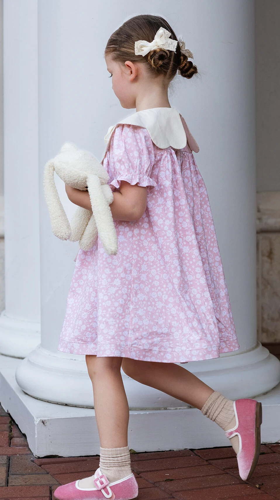 Old money inspired girls dress sewing pattern with oversized collar and gathered sleeves