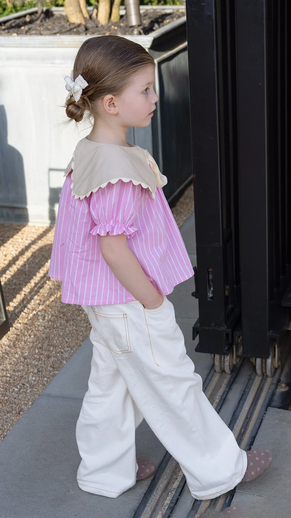 European-inspired children's blouse sewing pattern with oversized collar and elastic sleeves