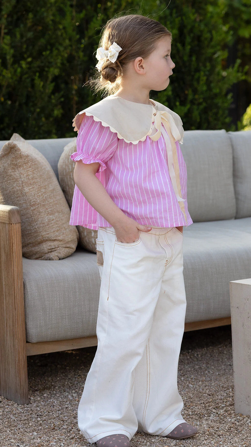 Modern old money girls dress sewing pattern with oversized collar and gathered fit