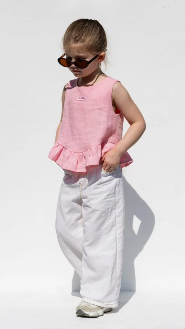 Girls easy ruffle top PDF sewing pattern with white wide-leg pull-on pants pattern